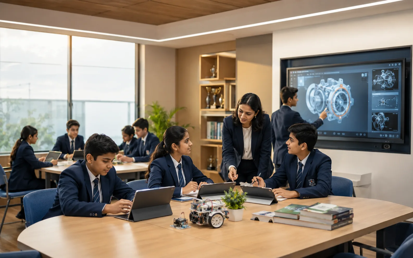 Students using tablets and robotics equipment in a technology-enabled STEM laboratory with engineering schematics on a large display