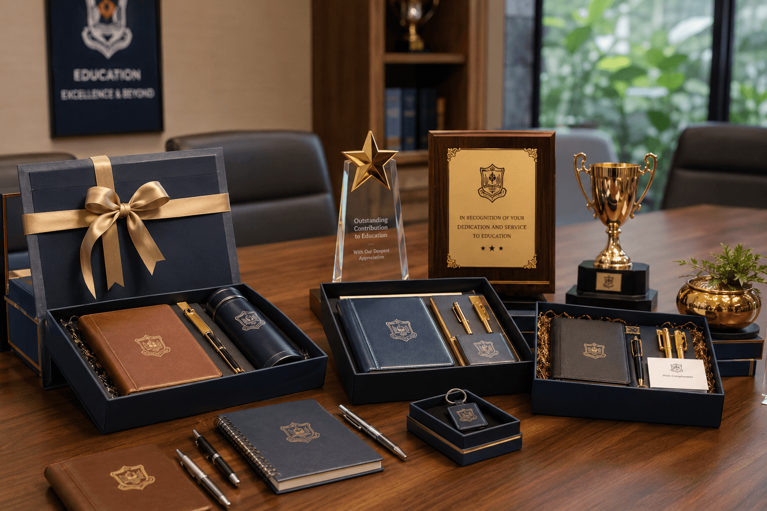 Premium navy and gold institutional gift sets, leather journals, pens, and recognition awards arranged for corporate and school events