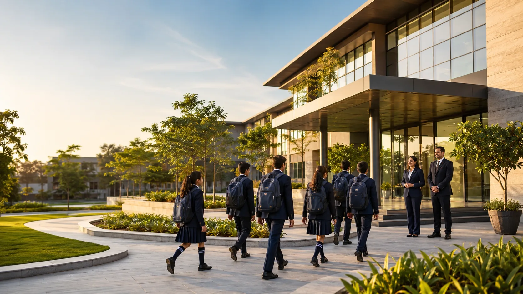 Students in navy uniforms approaching a modern Indian school entrance welcomed by institutional staff on a sunlit campus