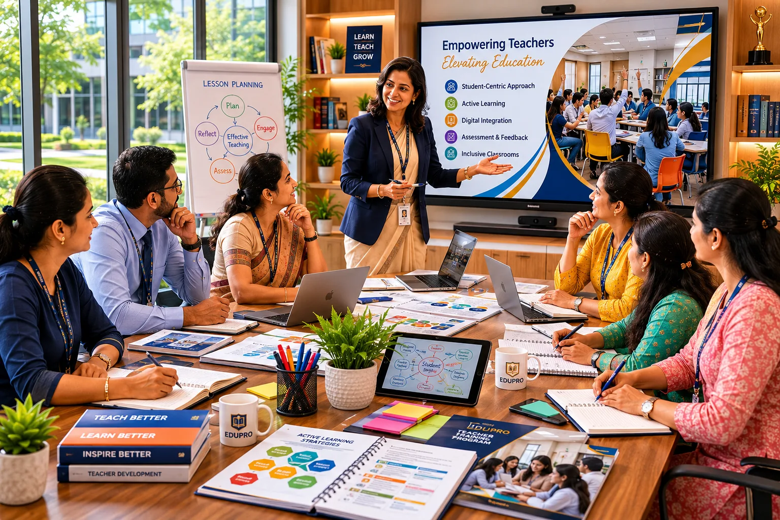 EDUPRO facilitator leading a teacher training programme with active-learning workbooks in a professional development classroom