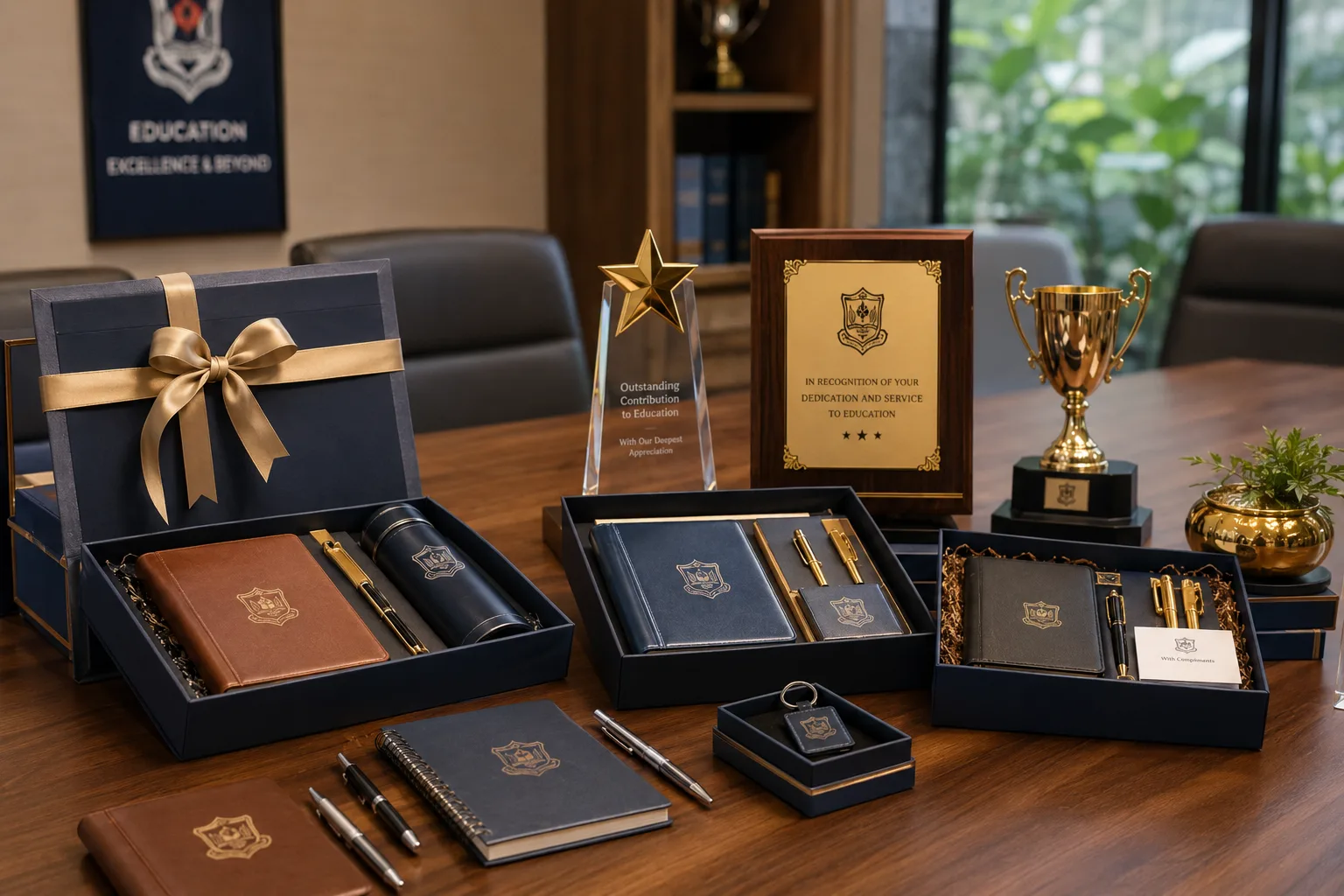Premium navy and gold institutional gift sets, leather journals, pens, and recognition awards arranged for corporate and school events