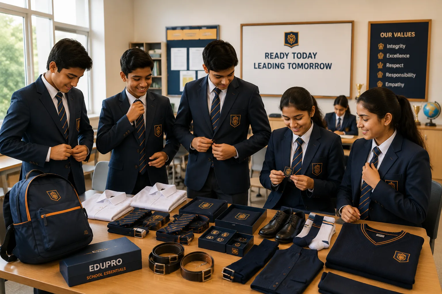 Students reviewing a display of school essentials including ties, belts, shoes, socks, sweaters, and crest pins