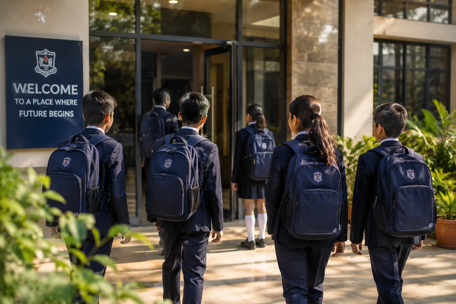 Students with school backpacks and institutional educational supplies on campus