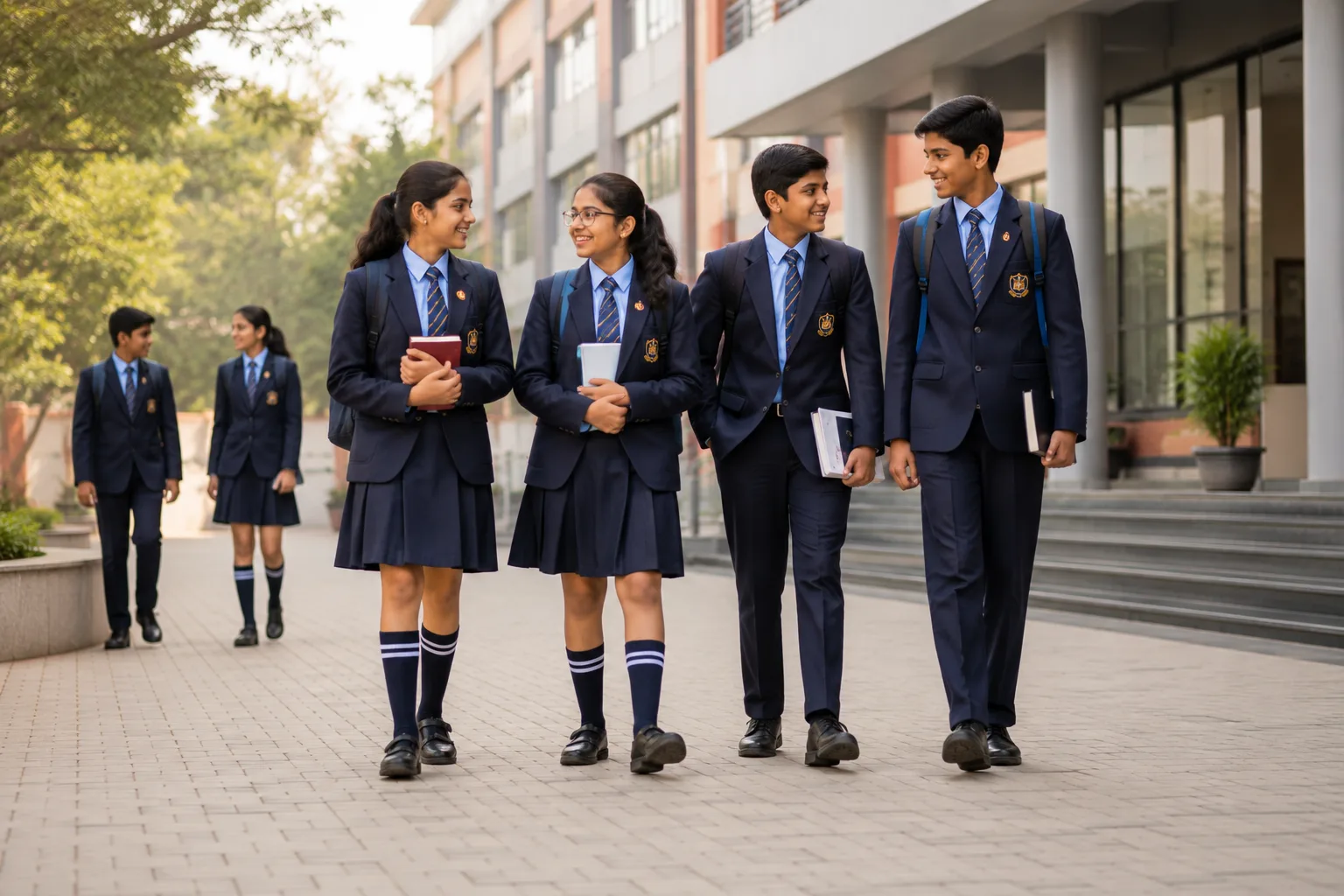 Four students in navy school blazers walking and conversing on a modern Indian campus courtyard