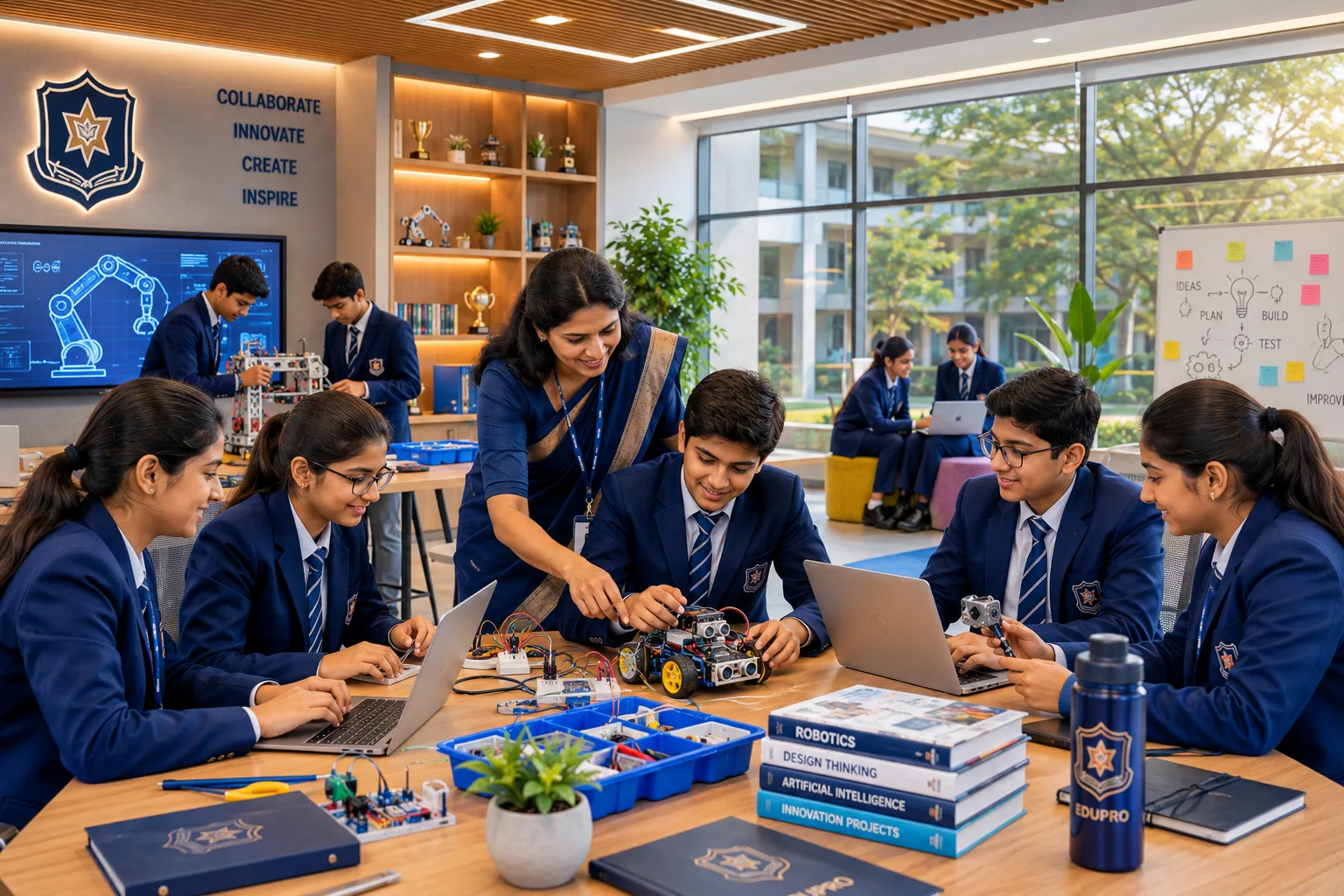 Students and a teacher collaborating on robotics and AI projects in an EDUPRO innovation lab