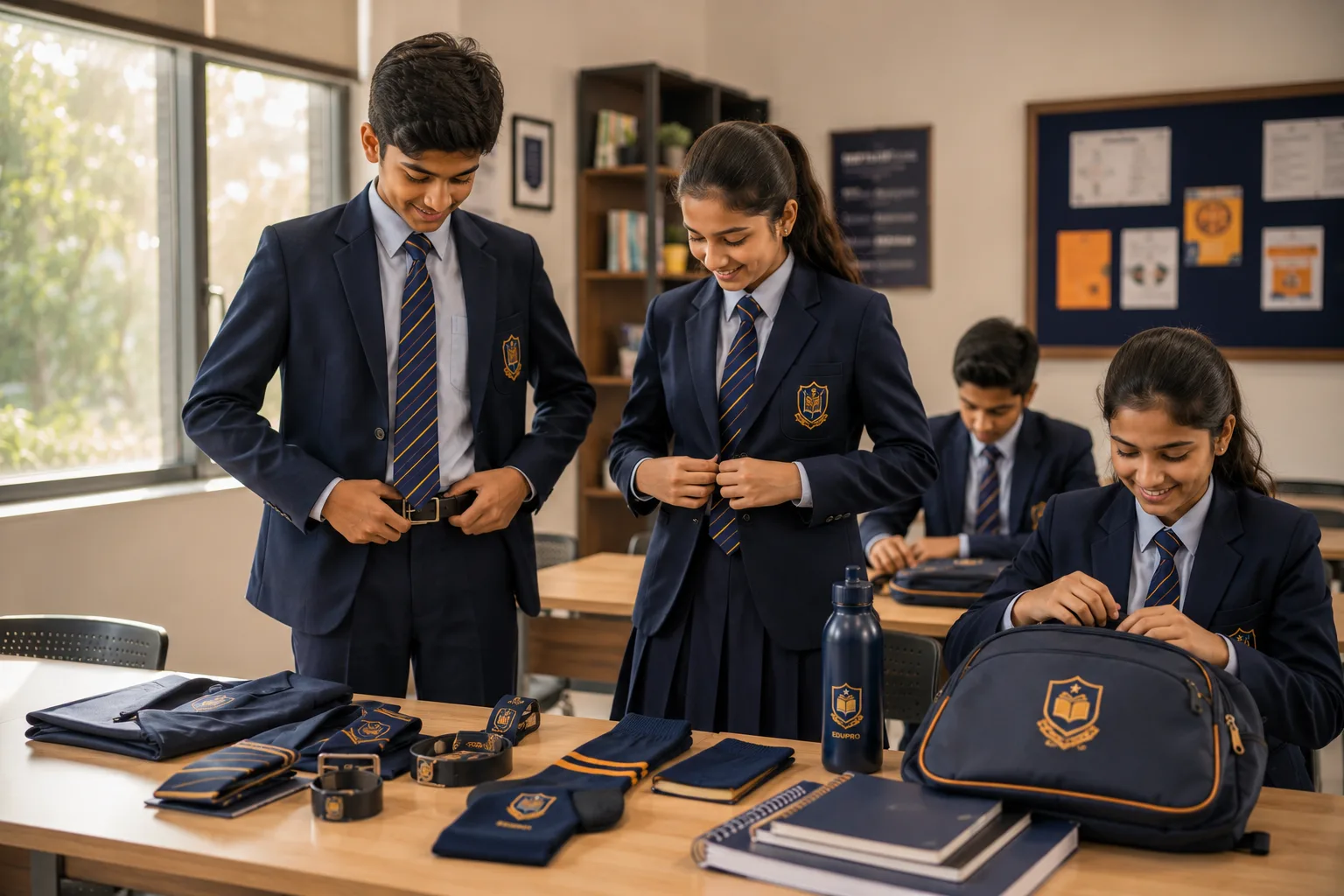EDUPRO branded school essentials including backpack, water bottle, notebooks, belt, and uniform components displayed in a classroom