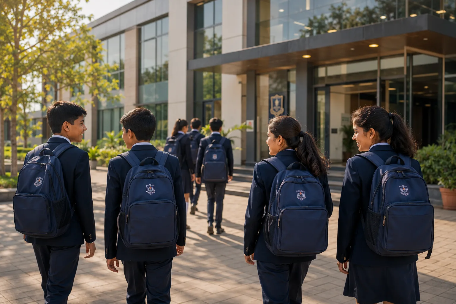 Students with crested navy backpacks walking toward a modern glass-fronted school building