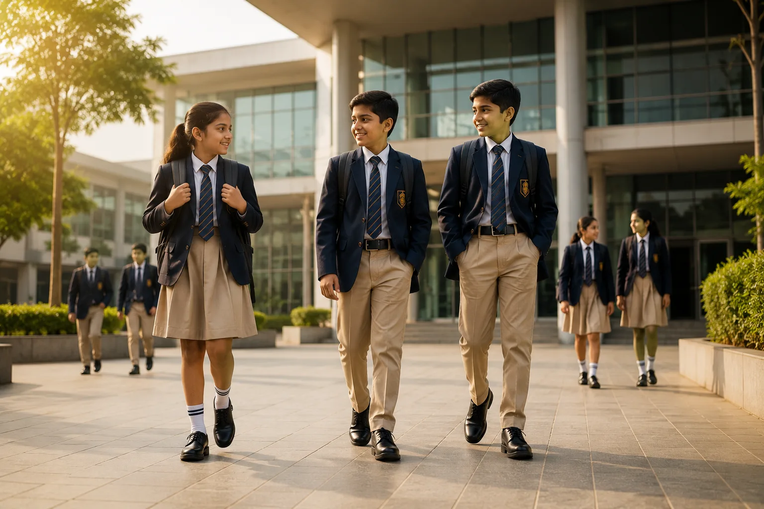 Students in formal uniform walking on a campus pathway, showing institutional school footwear in daily use