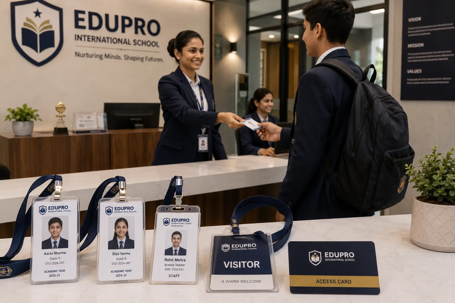 School reception desk displaying student, staff, and visitor ID cards with staff issuing a card to a uniformed student
