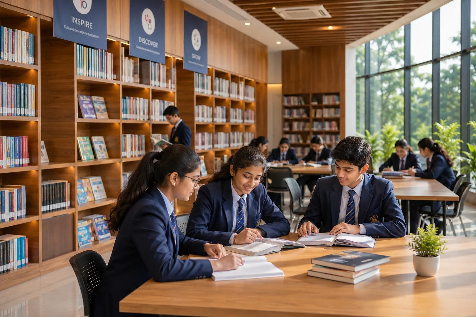 Students studying with textbooks at library tables surrounded by bookshelves and Inspire Discover Grow banners