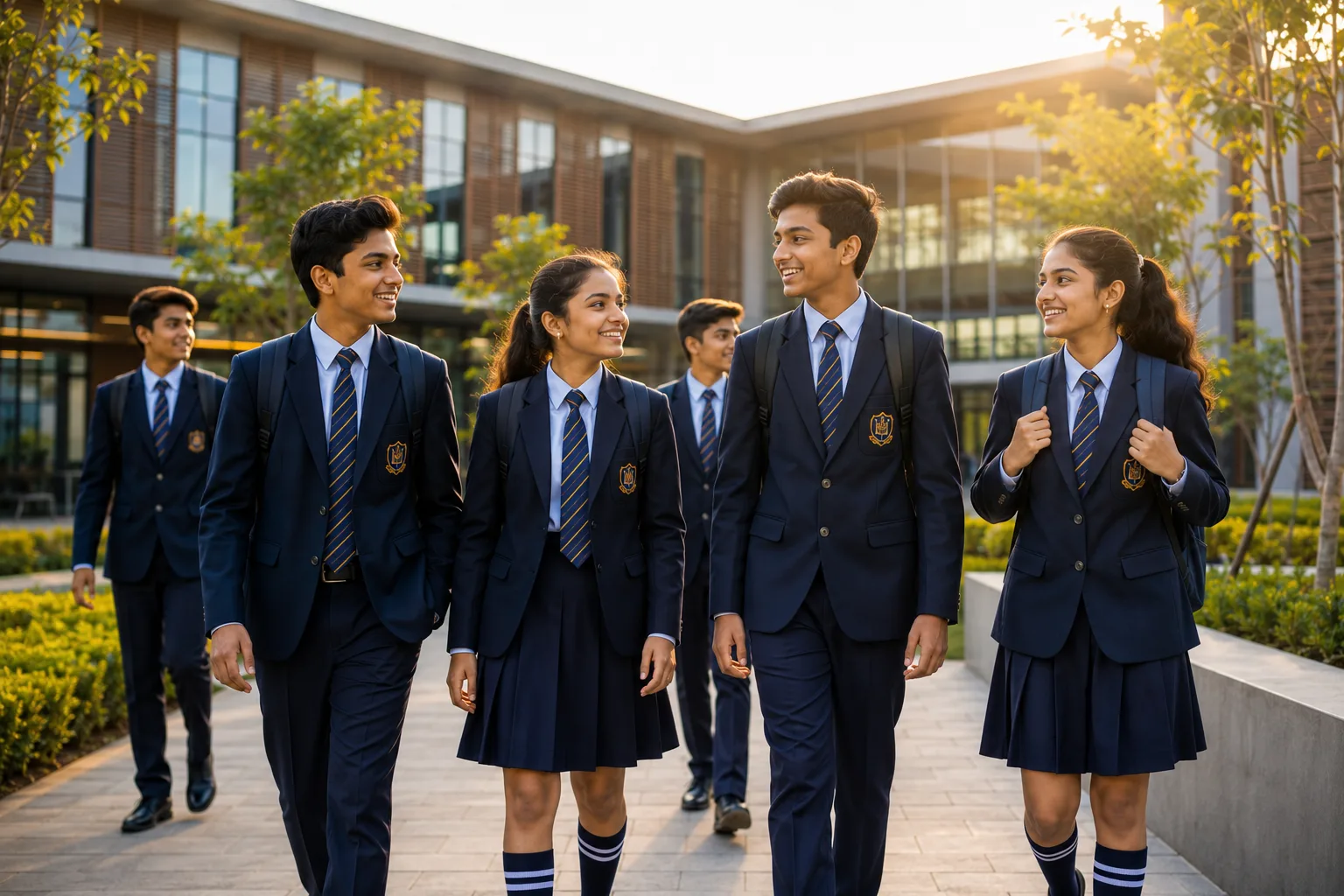 Students in navy blazers and striped ties walking across a modern Indian school campus