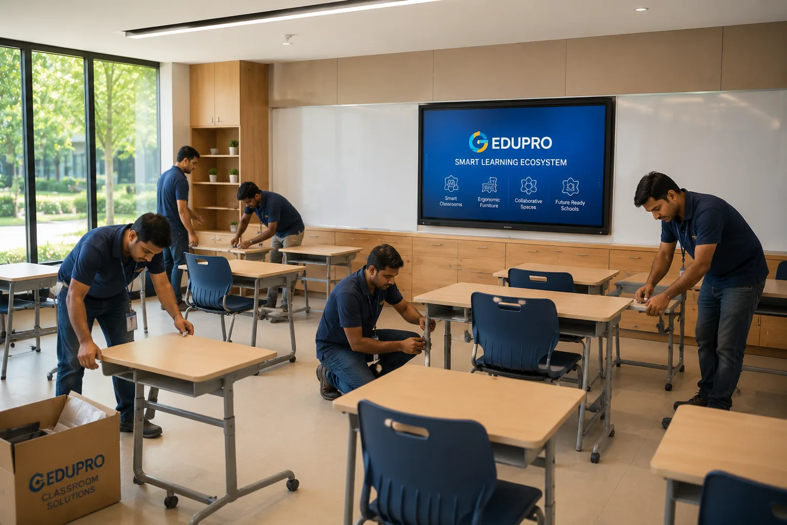 EDUPRO technicians assembling ergonomic classroom desks and chairs in a modern learning environment