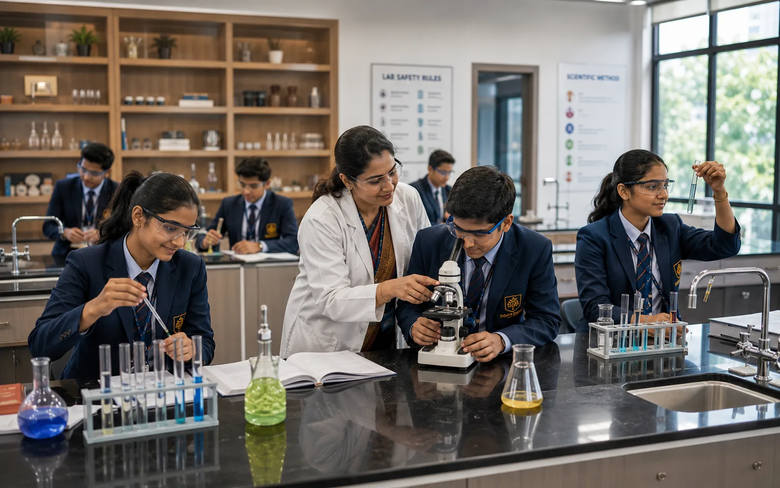 Students in safety goggles conducting chemistry experiments with teacher supervision in a well-equipped science laboratory