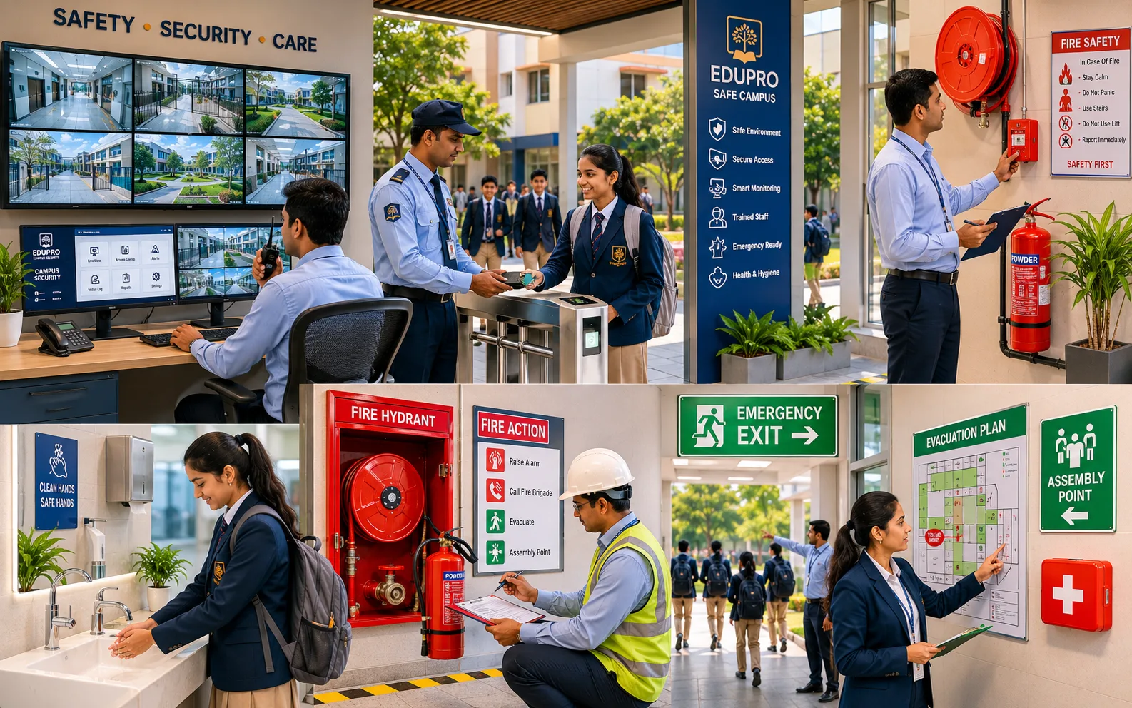 Collage of campus safety systems including CCTV monitoring, access control, fire safety equipment, and hygiene stations