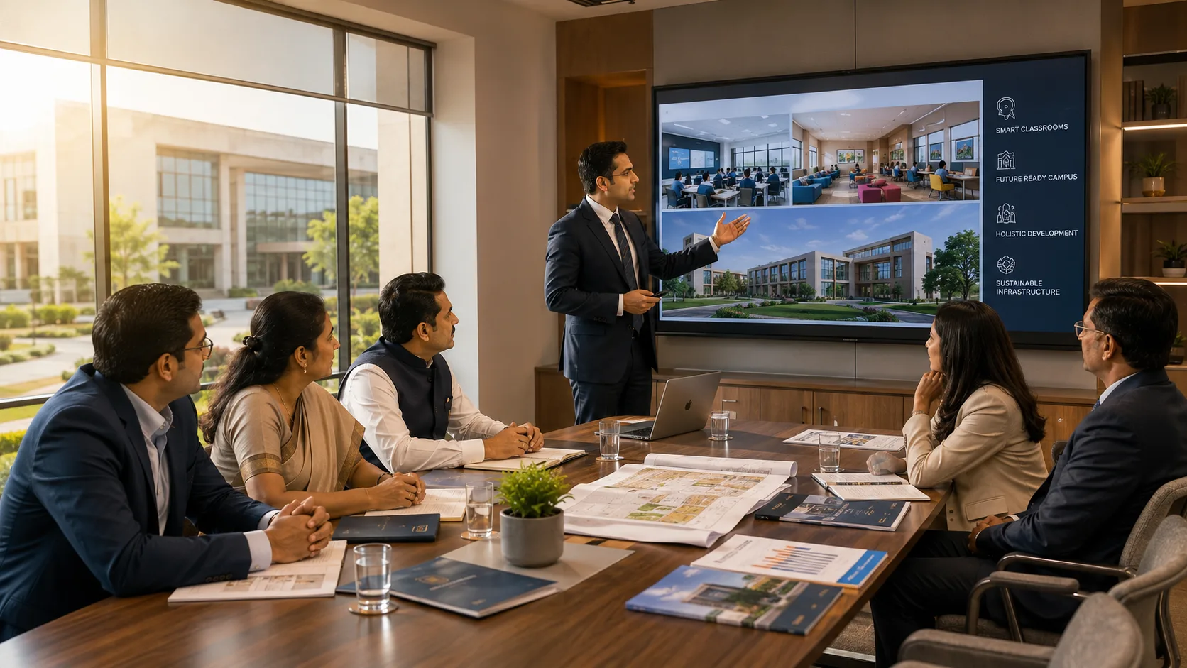 Institutional leadership reviewing smart classroom and sustainable infrastructure plans with a campus view through floor-to-ceiling windows
