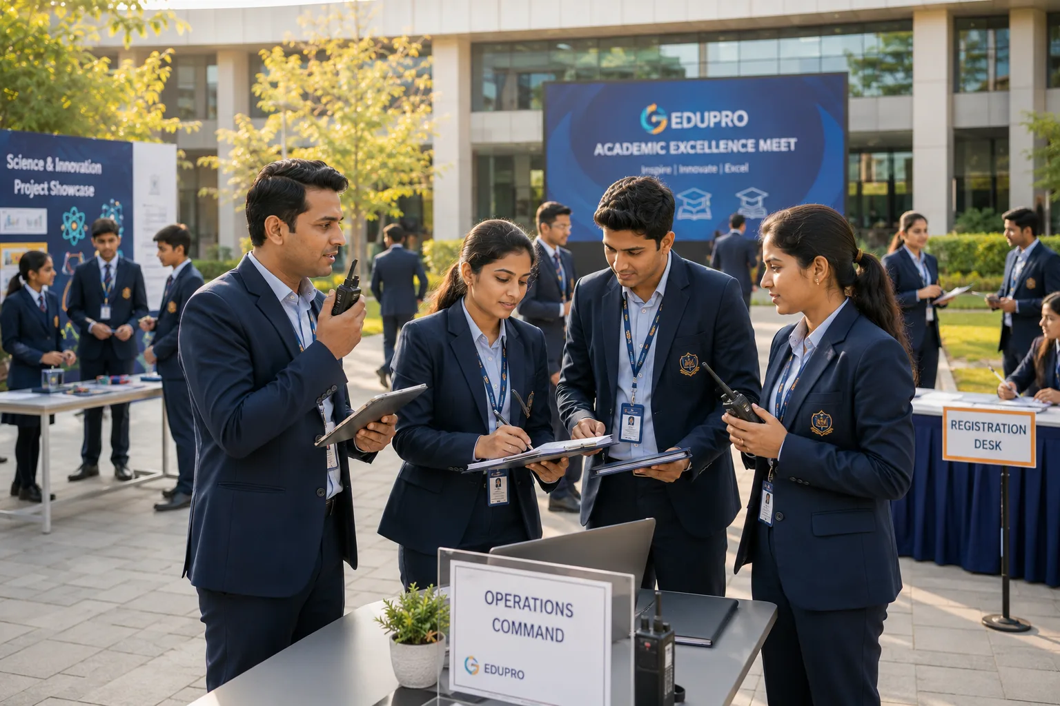 EDUPRO team coordinating an academic excellence event with registration desk and science showcase on an Indian school campus