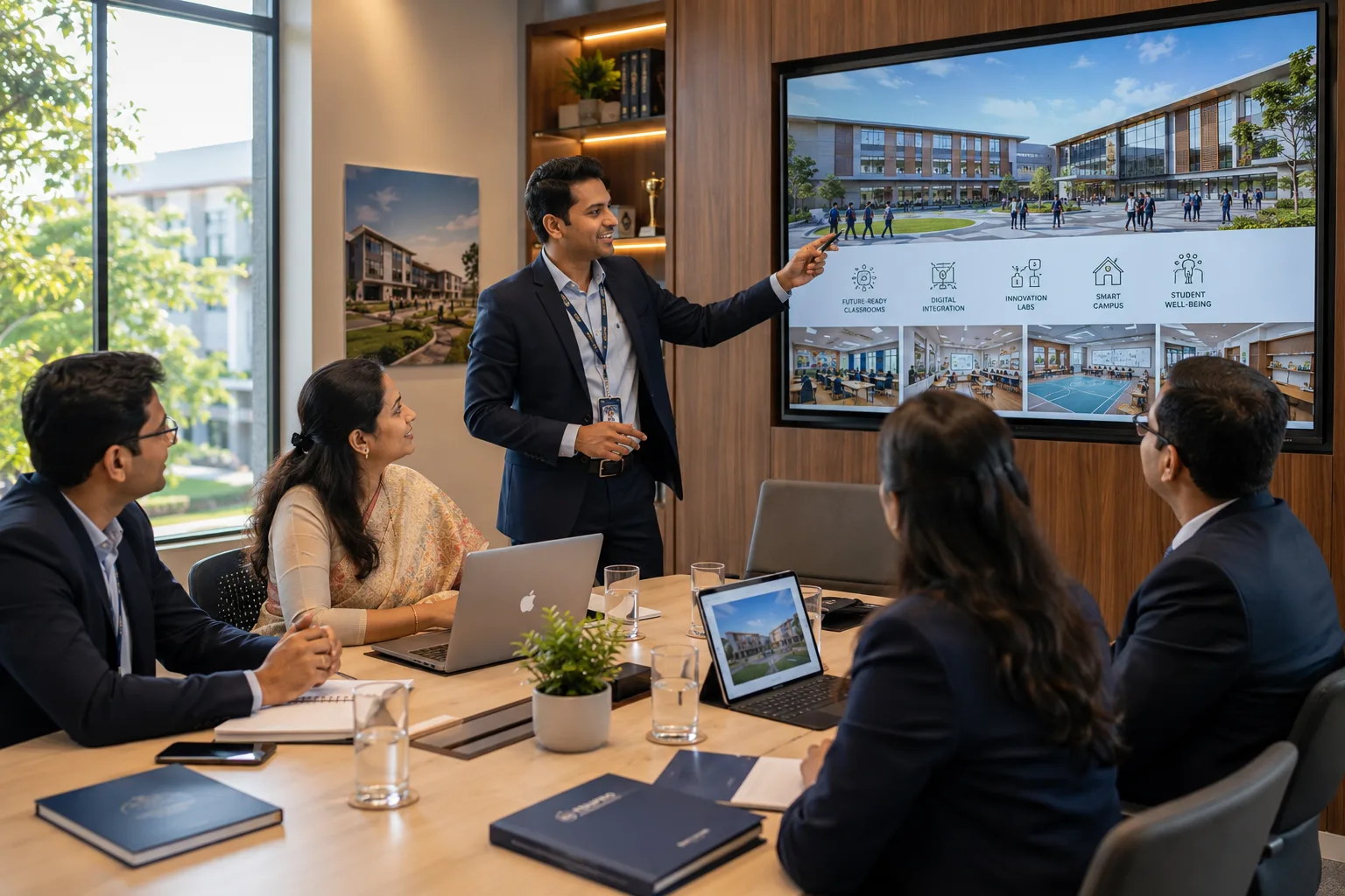 Consultant presenting a smart campus plan with future-ready classrooms and digital integration to institutional stakeholders