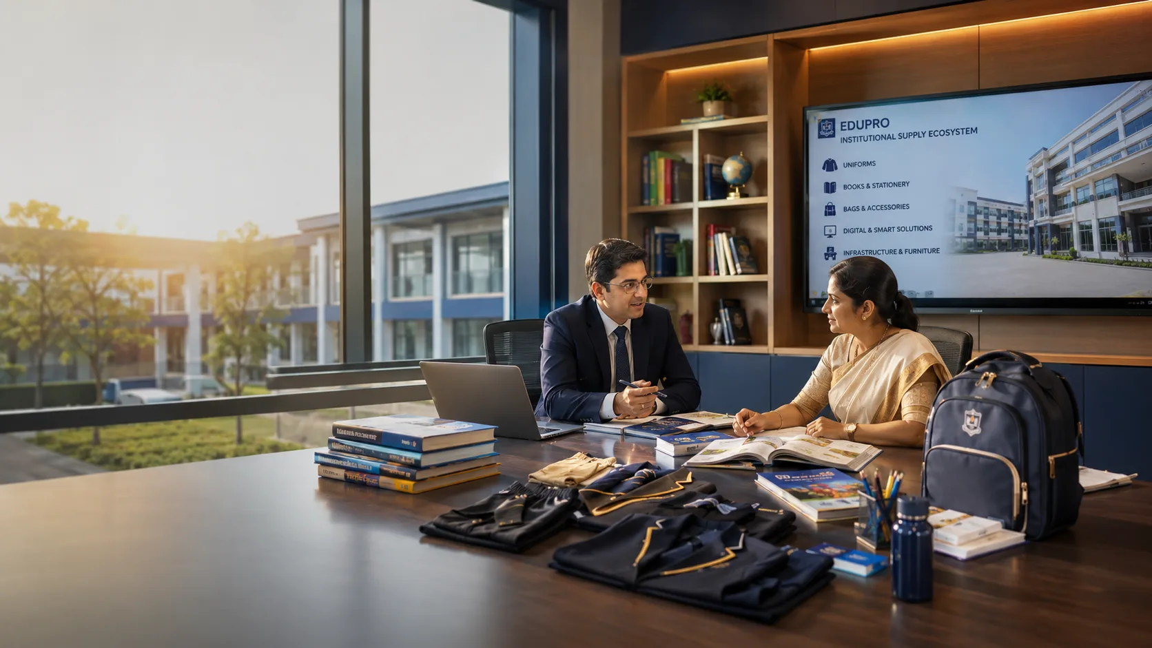 EDUPRO consultant discussing institutional supply requirements with school representatives alongside uniforms, books, and a backpack on a consultation desk