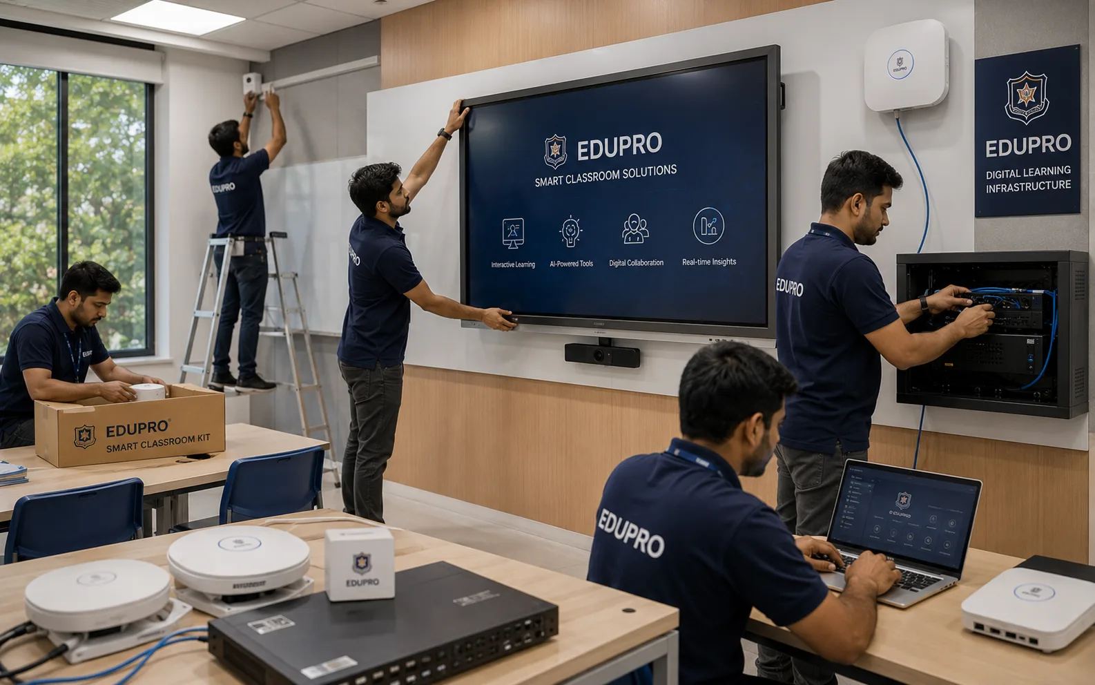 EDUPRO technicians installing interactive displays and networking equipment in a modern Indian classroom